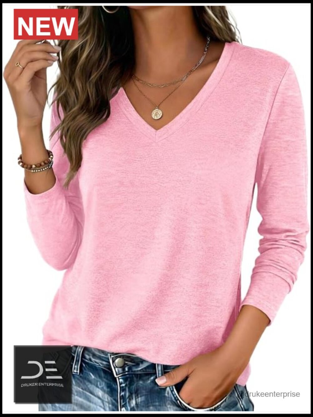 V-Neck Long Sleeve Tee - Soft Blouse for Work Casual